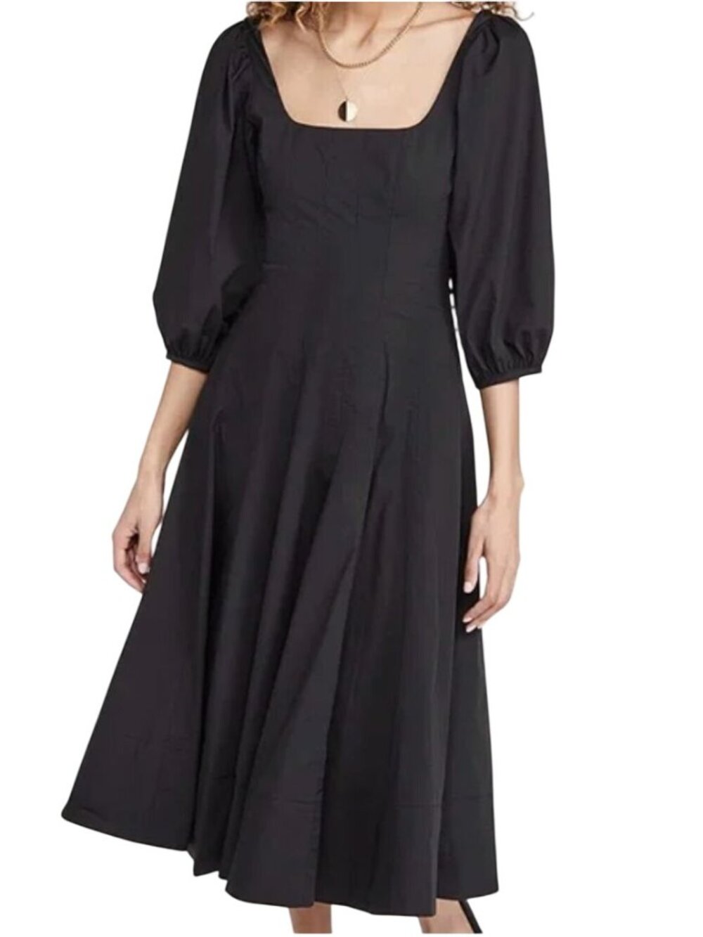 STAUD Swells Midi Dress Puff Sleeves Black NWOT - Size 0